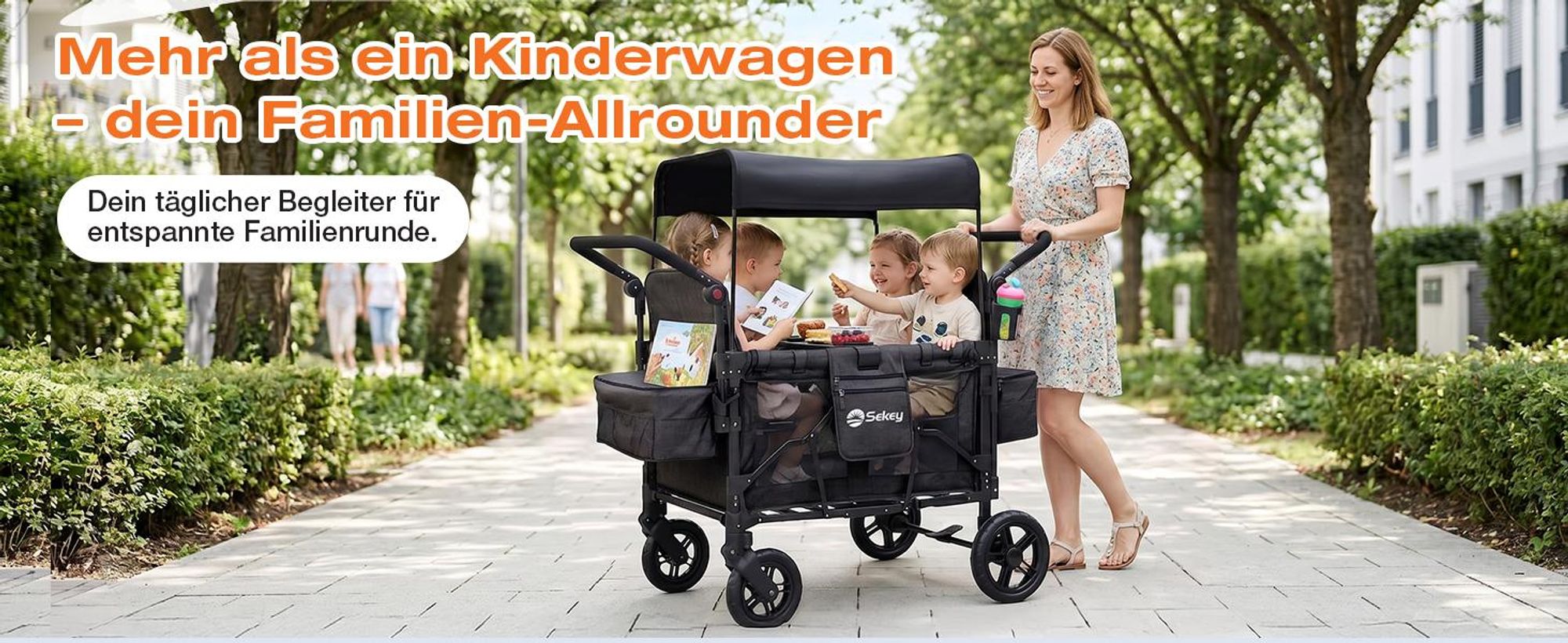 Sekey Faltbarer Bollerwagen mit Dach, Kinderwagen für 2-4 Kinder, 4 Sitzer Zwillingskinderwagen mit 4 integrierten 5-Punkt-Gurtsystem, Schwarz