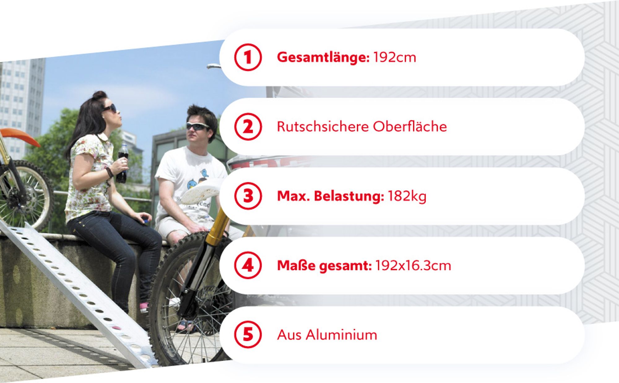 Wiltec Auffahrrampe 192 cm 182 kg für Motorrad ATV Quad, Aluminium Auffahrschiene, Verladerampe rutschsicher