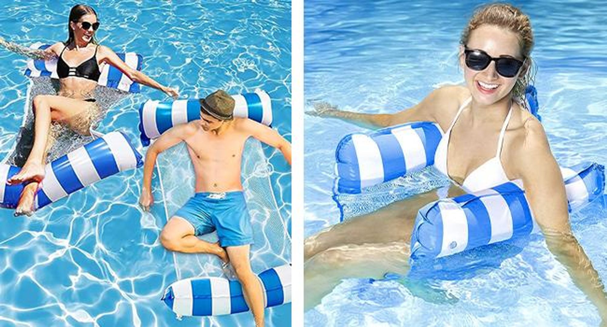 KRUMAD Wasserhängematte Aufblasbar 115x65 cm, Schwimmliege mit Netz und Kopfstütze, Pool Luftmatratze für Erwachsene, Strand & Meer, Blau-Weiß
