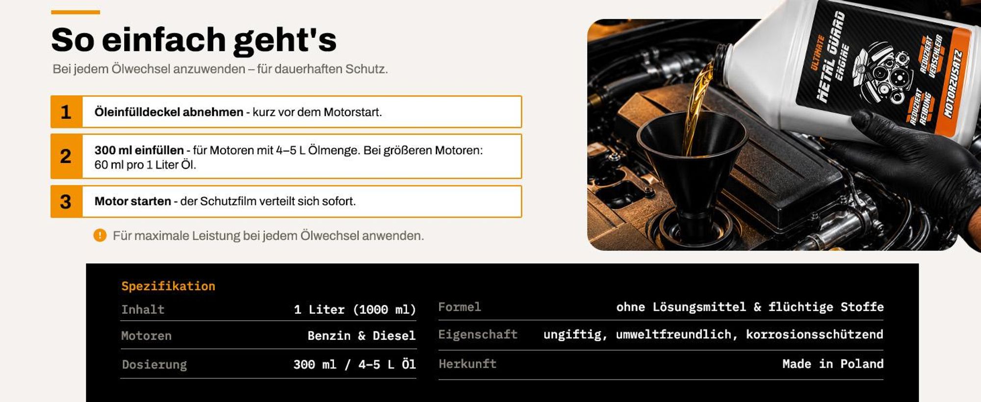 Metal Guard ENGINE Motoröl Additiv 1000 ml Diesel Benzin LPG Turbo DPF Start-Stopp Reibungsschutz Motorschutz Ölzusatz für PKW LKW