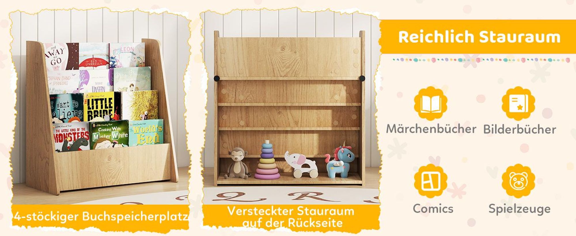 COSTWAY Kinderregal mit 4 Ablagefächern, Bücherregal Kinder, Büchergestell, Zeitungsständer Aufbewahrungsregal, Spielzeugregal für kinderzimmer Weiß