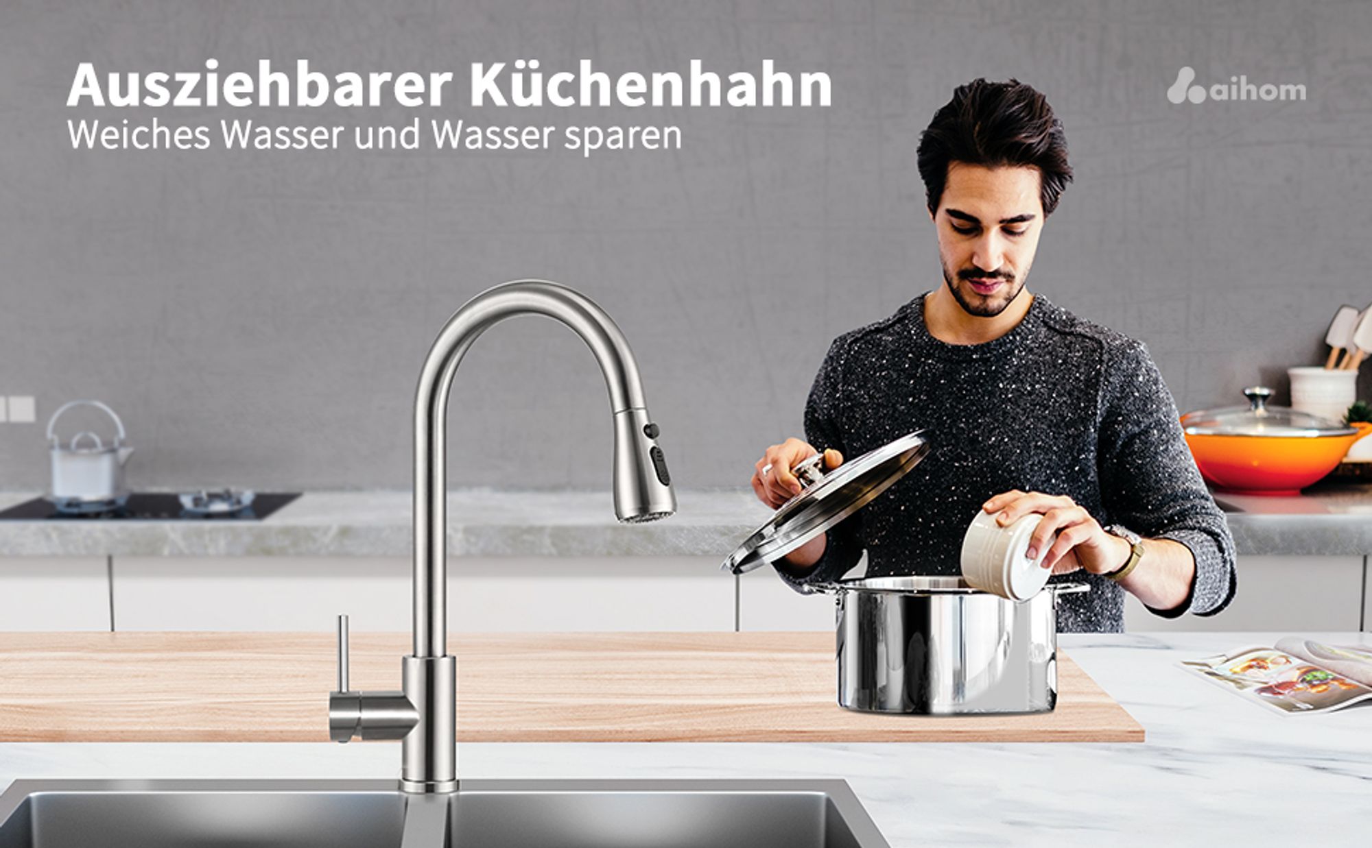 Homelody Wasserhahn Küche Edelstahl，Küchenarmatur 360°Schwenkbar，Armatur Küche 3 Strahlarten Geschirrbrause，Hochdruck Mischbatterie Küche mit Brause