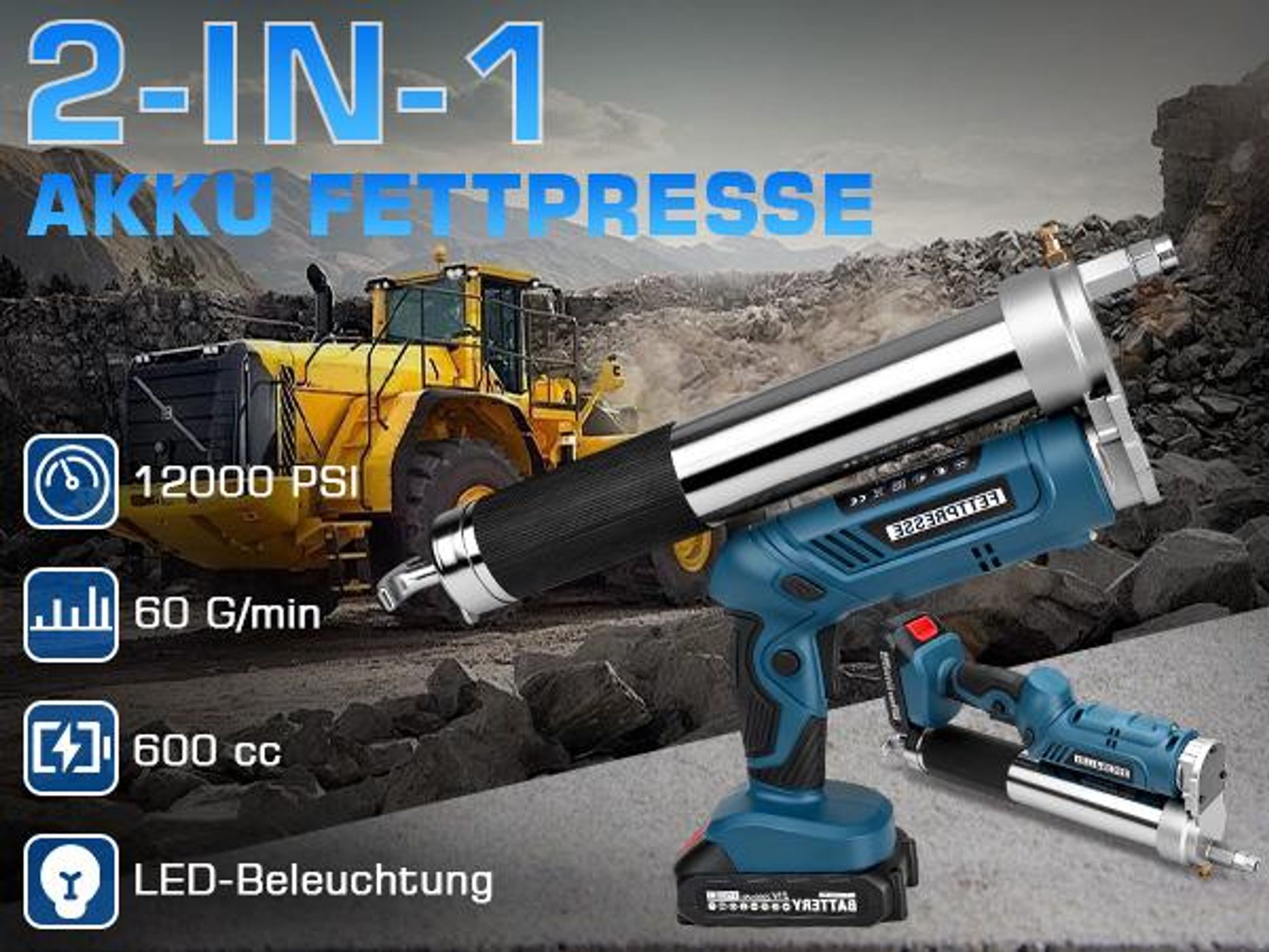 Akku Fettpresse 2-in-1 Elektrische Schmierpistole 12000 PSI mit 2 Akkus, 3 Düsen, Bürstenloser Motor, 100cm Flexschlauch, LED-Licht, 600g Kapazität