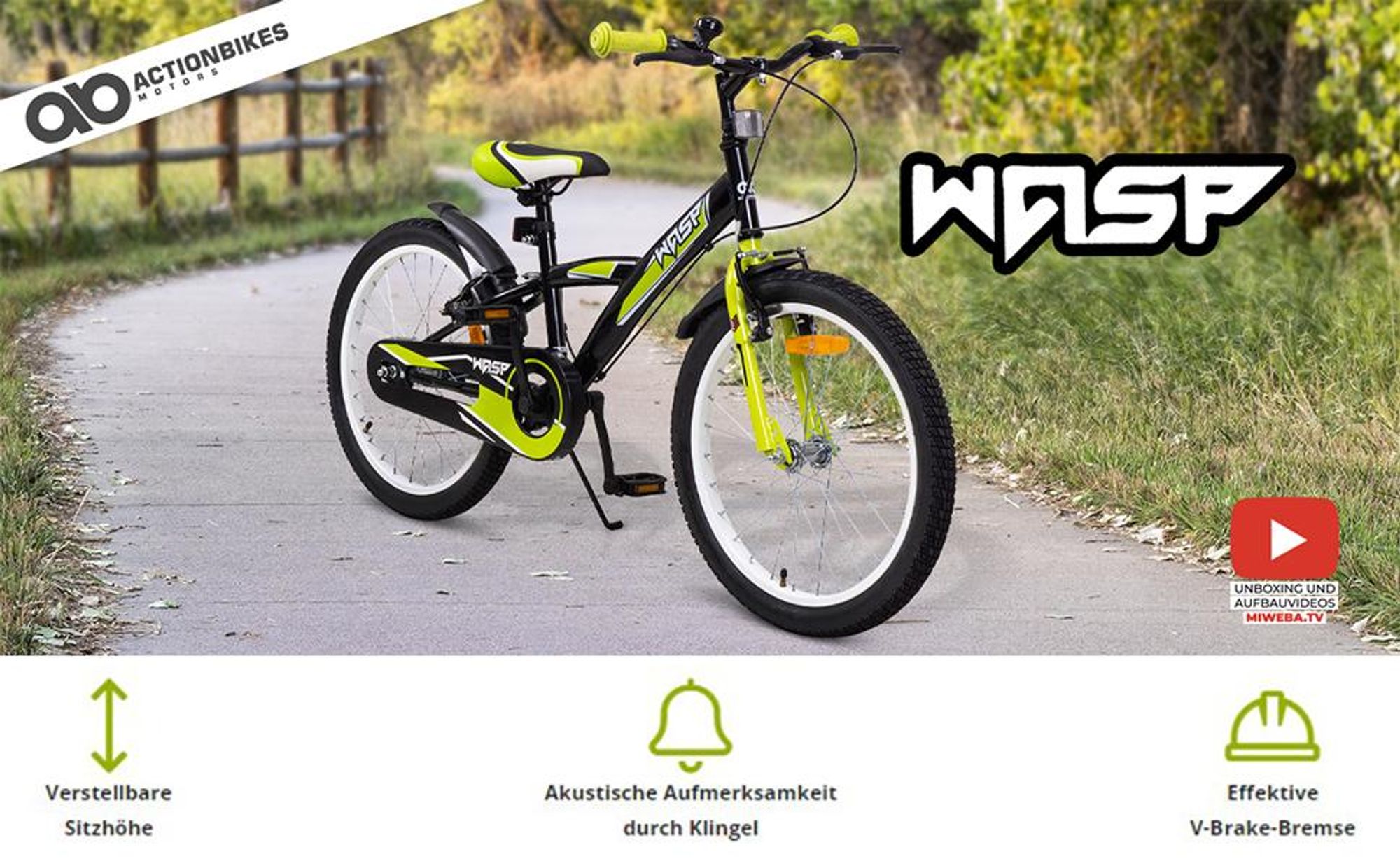 Actionbikes Kinderfahrrad Wasp 20 Zoll | Kinder Fahrrad - V-Brake Bremsen - Kettenschutz - Fahrradständer - 6-9 Jahre (Schwarz/Grün)