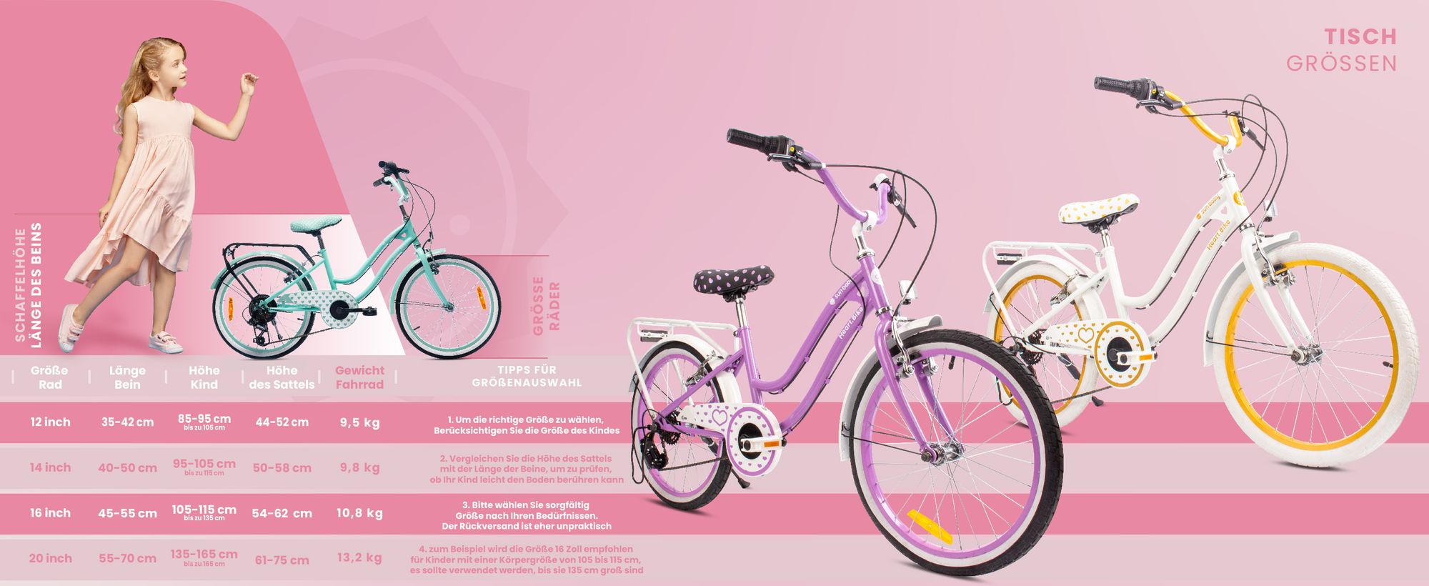 SUN BABY Heart Bike Kinderfahrrad 20 Zoll Mädchen, Fahrrad für Kinder ab 6 Jahre, 6-Gang Shimano, V-Brake, Gepäckträger, Reflektoren (Lila, 20 Zoll)