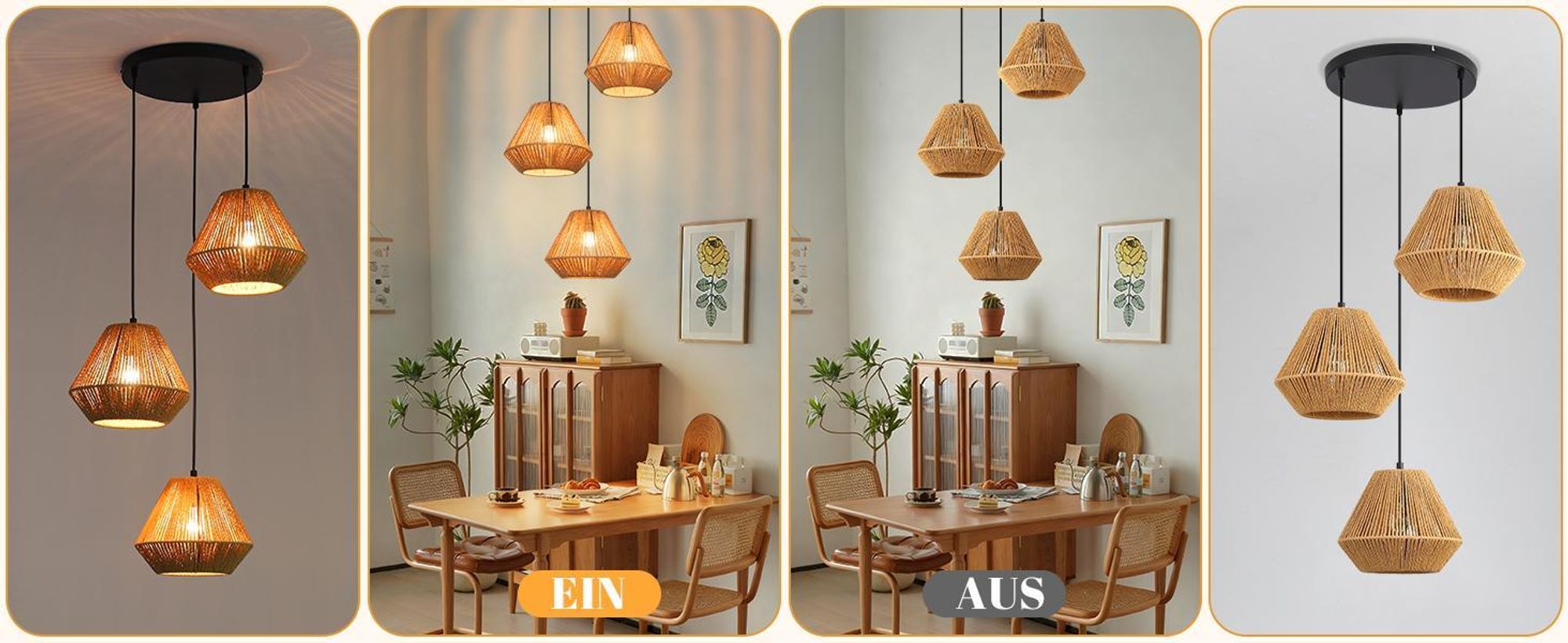 ZMH lampy wiszące boho lampa wisząca rattanowa lampa wisząca jadalnia 3 płomienie lampa stołowa retro z gniazdem E27 do salonu / bez żarówki