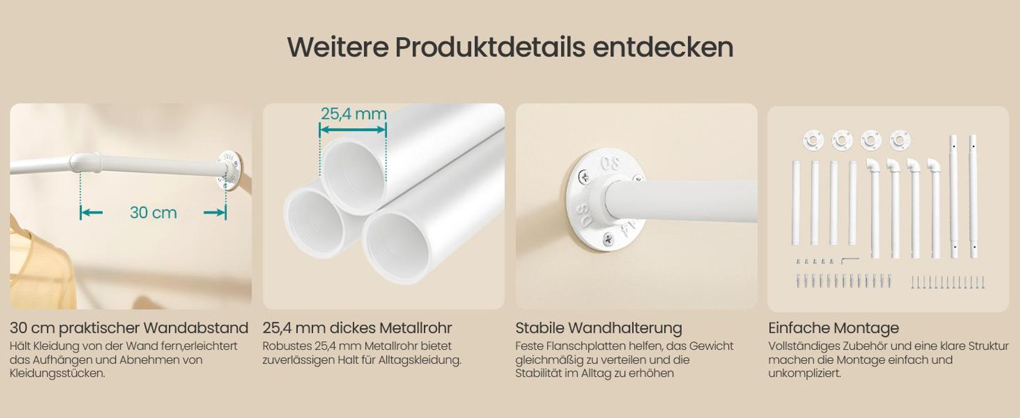 Kleiderstange zur Wandmontage 2er Set, Stabile Garderobenstange aus Stahl im Industrie-Design, 92 x 30 x 7 cm, Weiß
