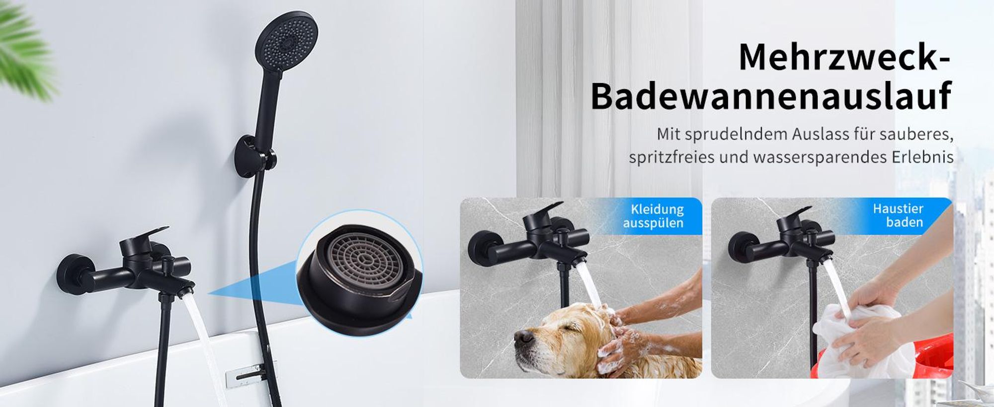 Homelody Badewannenarmatur mit Handbrause, Mischbatterie Badewanne Wandmontage, 2 Ausgänge Einhebelmischer Duscharmatur mit Wanneneinlauf, Schwarz