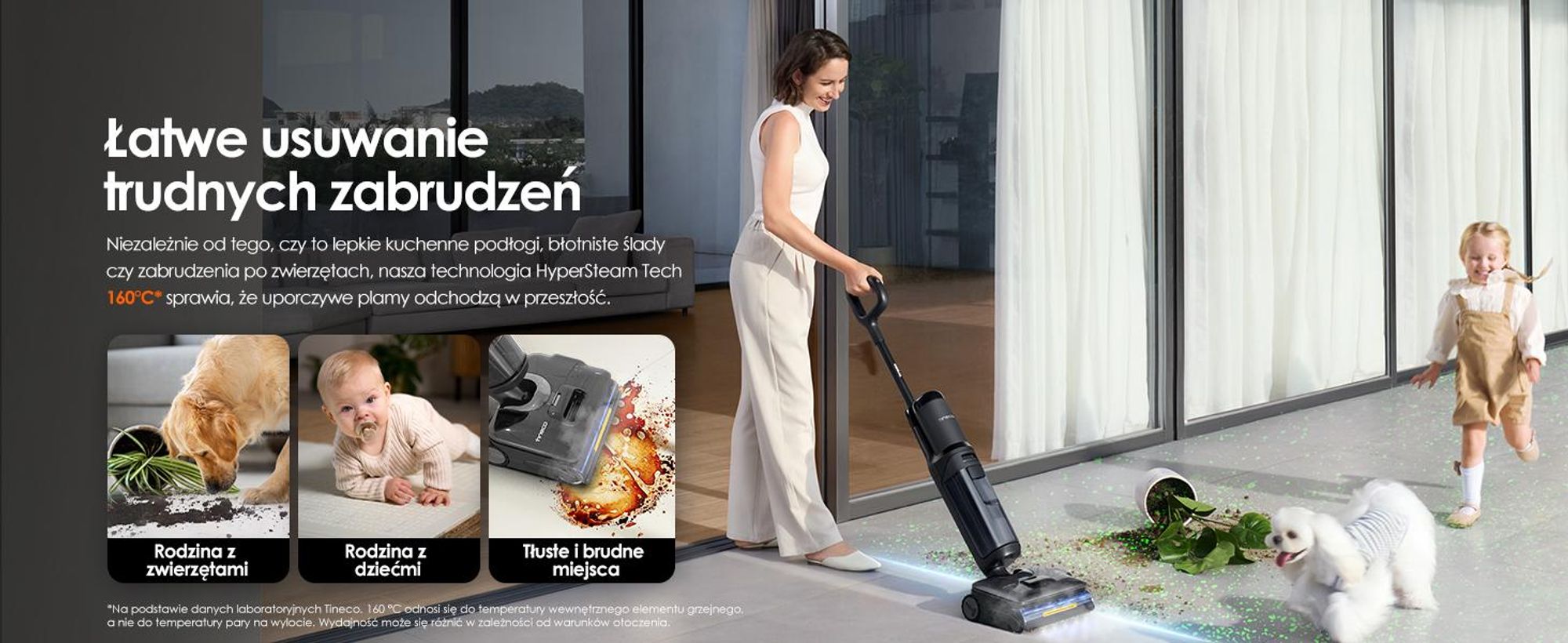 Tineco FLOOR ONE S7 Stretch Steam Bezprzewodowy Odkurzacze na sucho i mokro, 160℃ HyperSteam, Przeciwdziałający Splątaniu, FlashDry, Do 80 min pracy