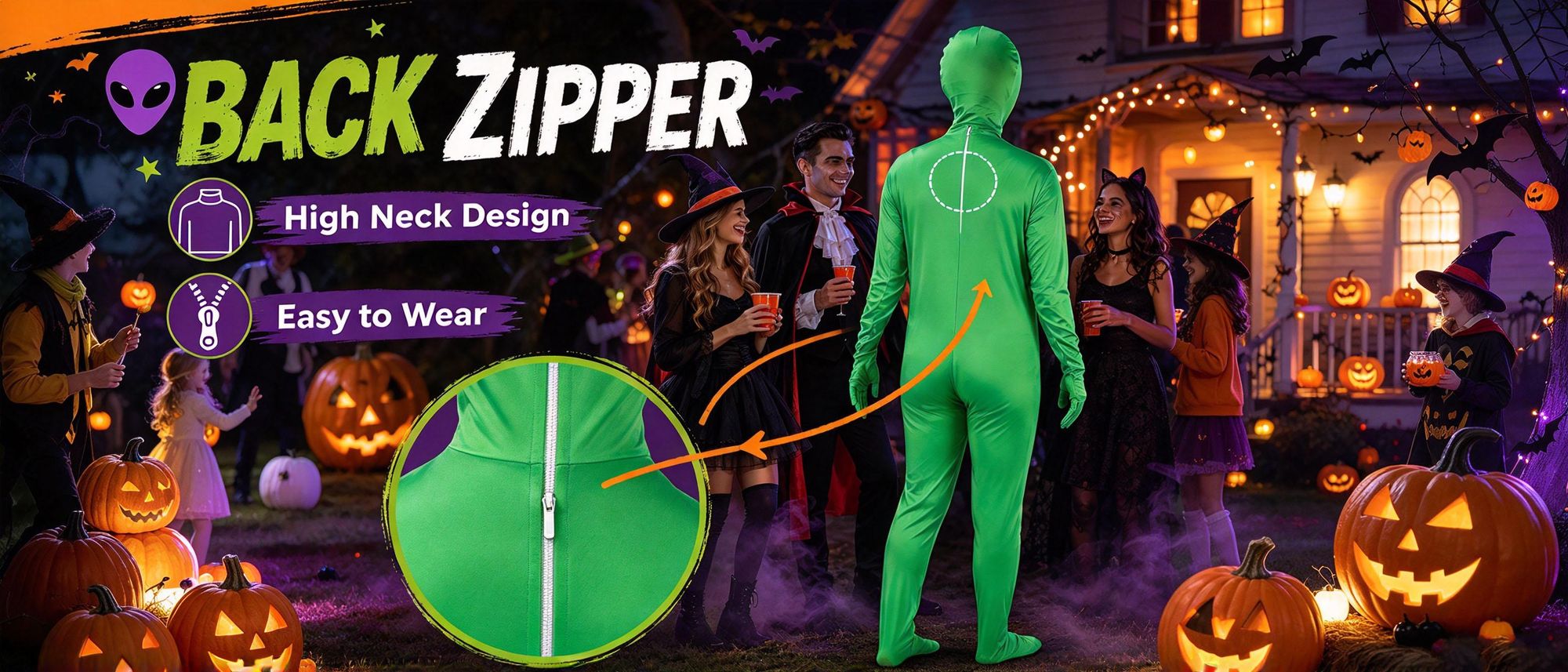 Juksun Alien Kostüm Jumpsuit für Erwachsene grün Größe L 180cm mit Kapuze für Halloween Karneval Rollenspiel