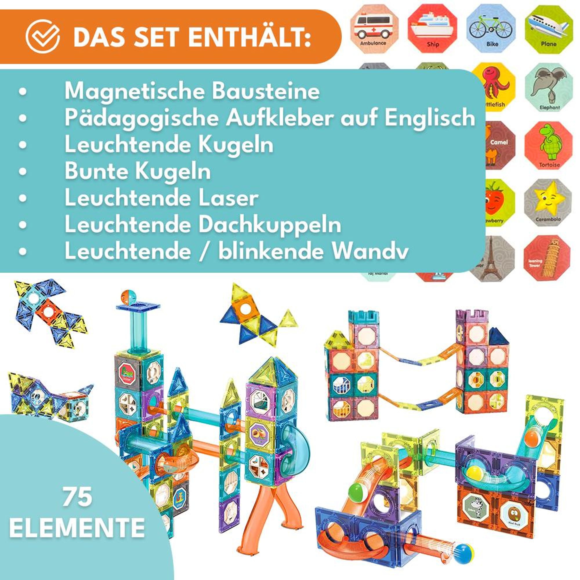 KRUMAD Magnetische Bausteine 75 Teile - Magnetspielzeug mit Licht & Kugelbahn für Kinder ab 3 Jahren - Stabile Magnetkonstruktion, leuchtende Elemente