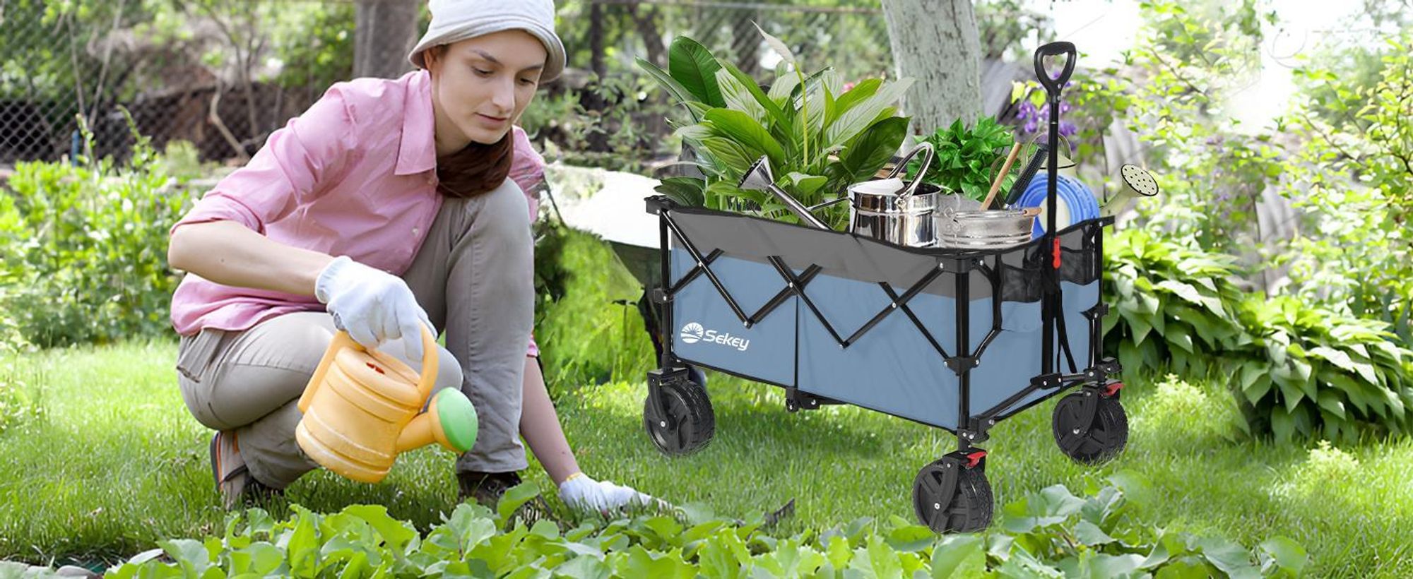 Sekey XXL 200KG Belastbar Bollerwagen Faltbar mit Spanngurte, 20x7,5 cm Extra Breite Reifen, Blau und Grau