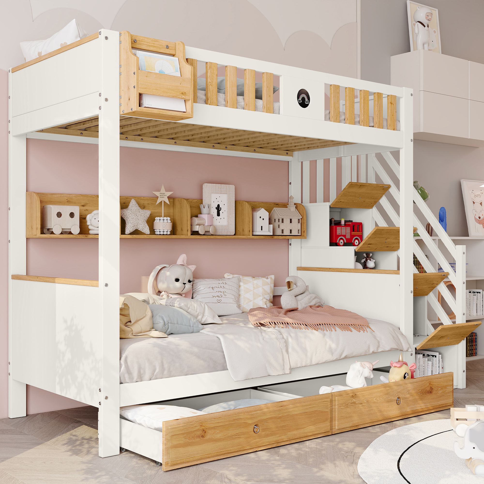 Klassisches Etagenbett mit Treppe sowie Stauraum
