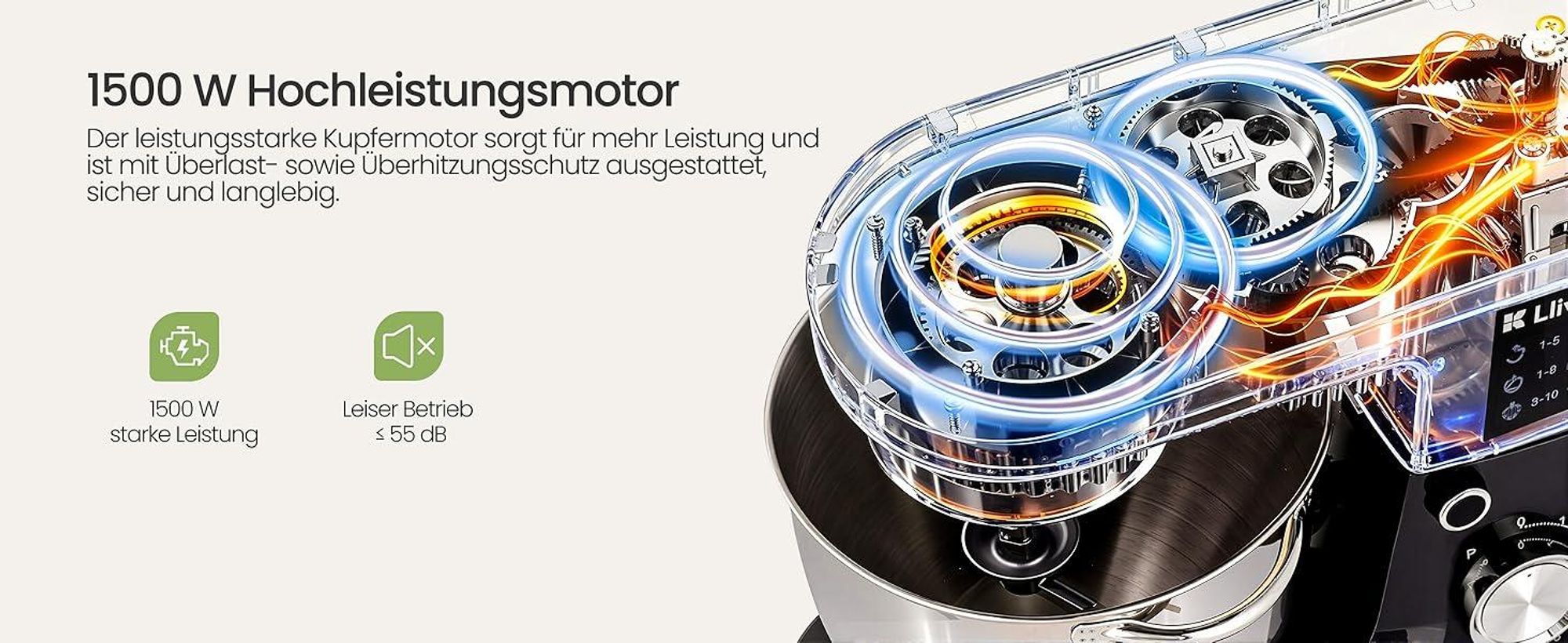 LLIVEKIT 1500W Küchenmaschine, 5,2L Edelstahl-Rührschüssel, Multifunktional Haushalts-Backgerät
