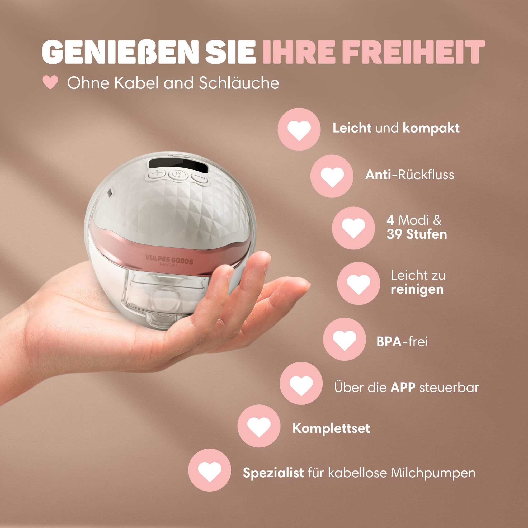 Vulpes Goods Einzelne Milchpumpe, Mit APP, Milchpumpe Elektrisch Tragbar mit 4 Modi und 36 Leistung, 19mm/21mm/24mm/28mm Flansch, Stillpumpe, Inkl. 30 Muttermilch-Aufbewahrungsbeutel, 1 Stück, PRO V2