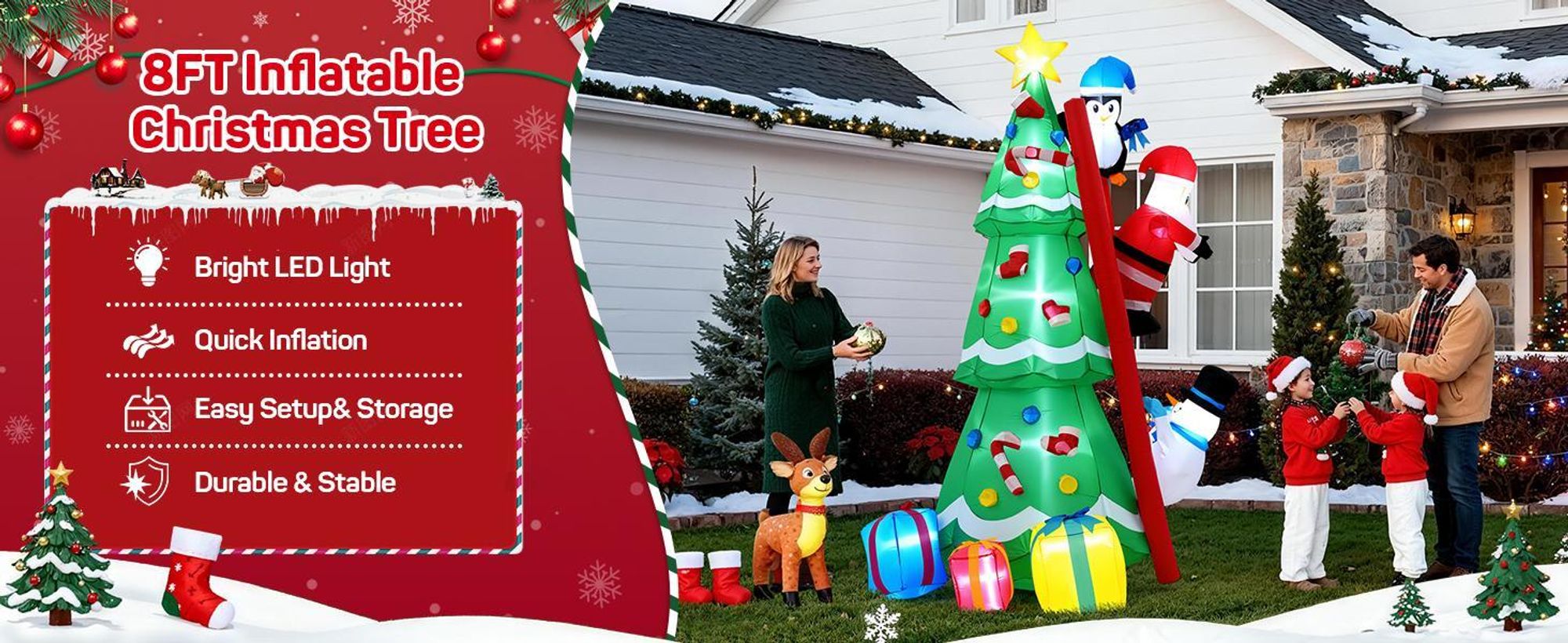 245cm Aufblasbare Weihnachtsbaum mit Weihnachtsmann, Pinguin & Schneemann, LED Garten Dekoration