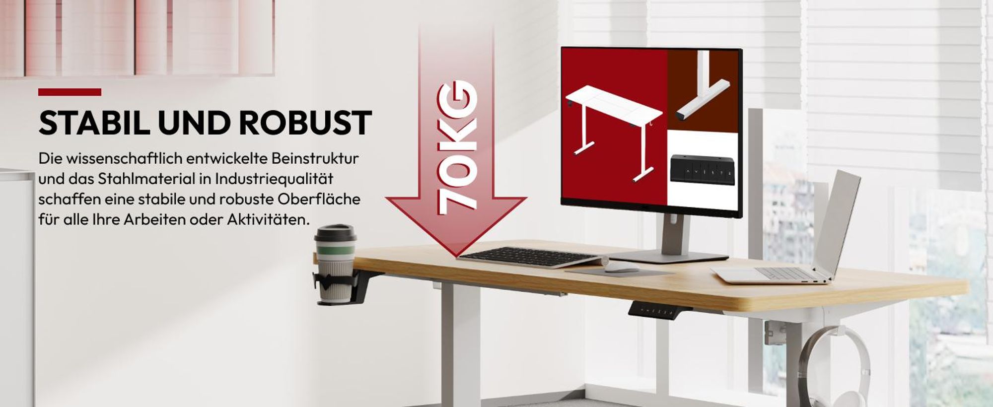 SANODESK Höhenverstellbarer Schreibtisch 200x80cm elektrisch 4 Memory-Funktion, Antikollisionsschutz, 70kg Tragkraft, mit Haken und Ablagebox (Ahorn)