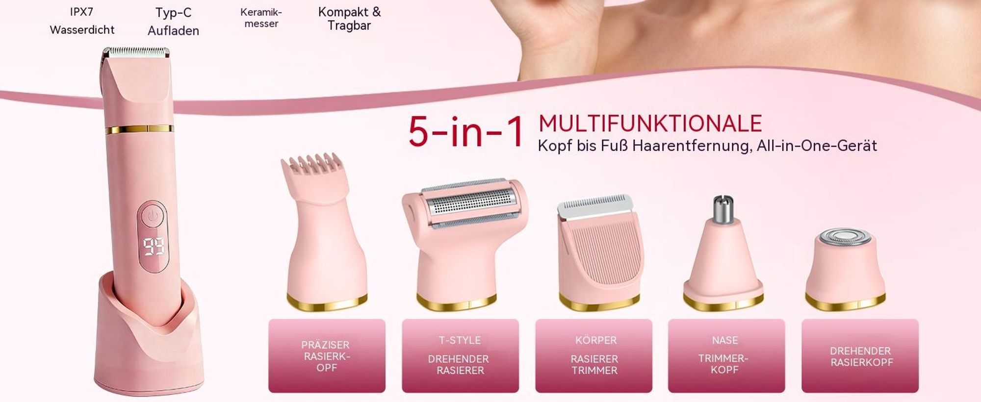 5-in-1 Rasierer Damen Elektrischer Intimrasierer, Bikini Trimmer (IPX7 Wasserdicht Wet/Dry, LED-Display), mit USB-Ladestation für Körper & Beine