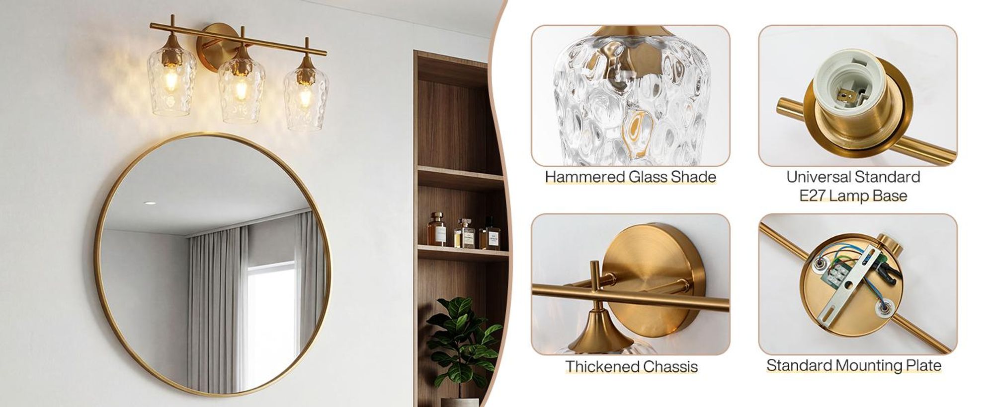 Tribesigns 3-Licht Badezimmer-Wandleuchte Gold, Moderne Wandlampe mit Wellenglas-Schirmen, E27 Sockel Badezimmer Spiegelleuchten, Ohne Glühbirne