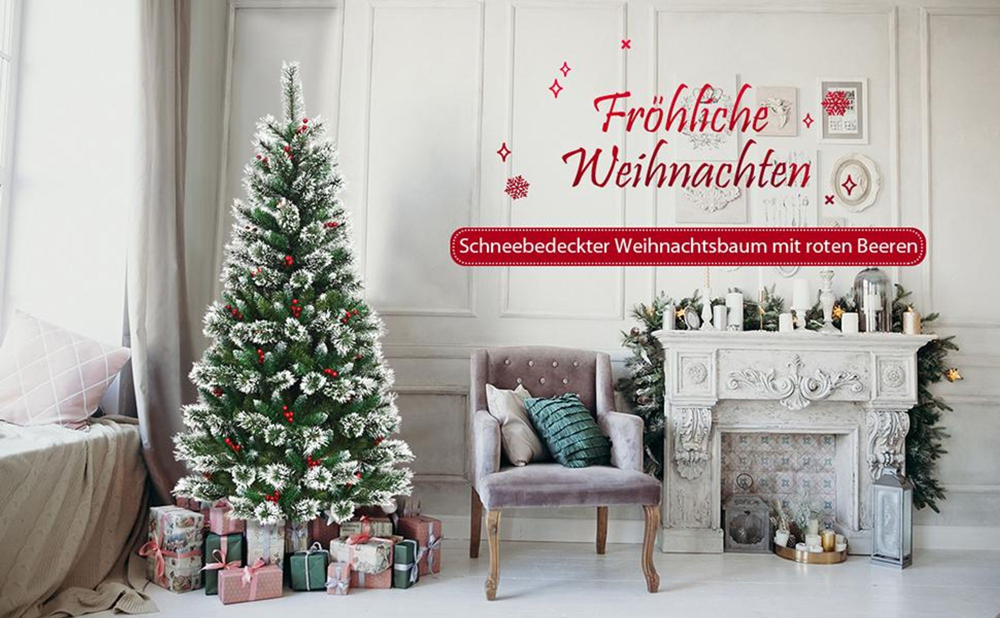 COSTWAY 150cm Künstlicher Weihnachtsbaum mit roten Beeren, schneebedeckter Tannenbaum mit Metallständer, Christbaum PVC- und Tannennadeln, Kunstbaum Weihnachten Klappsystem