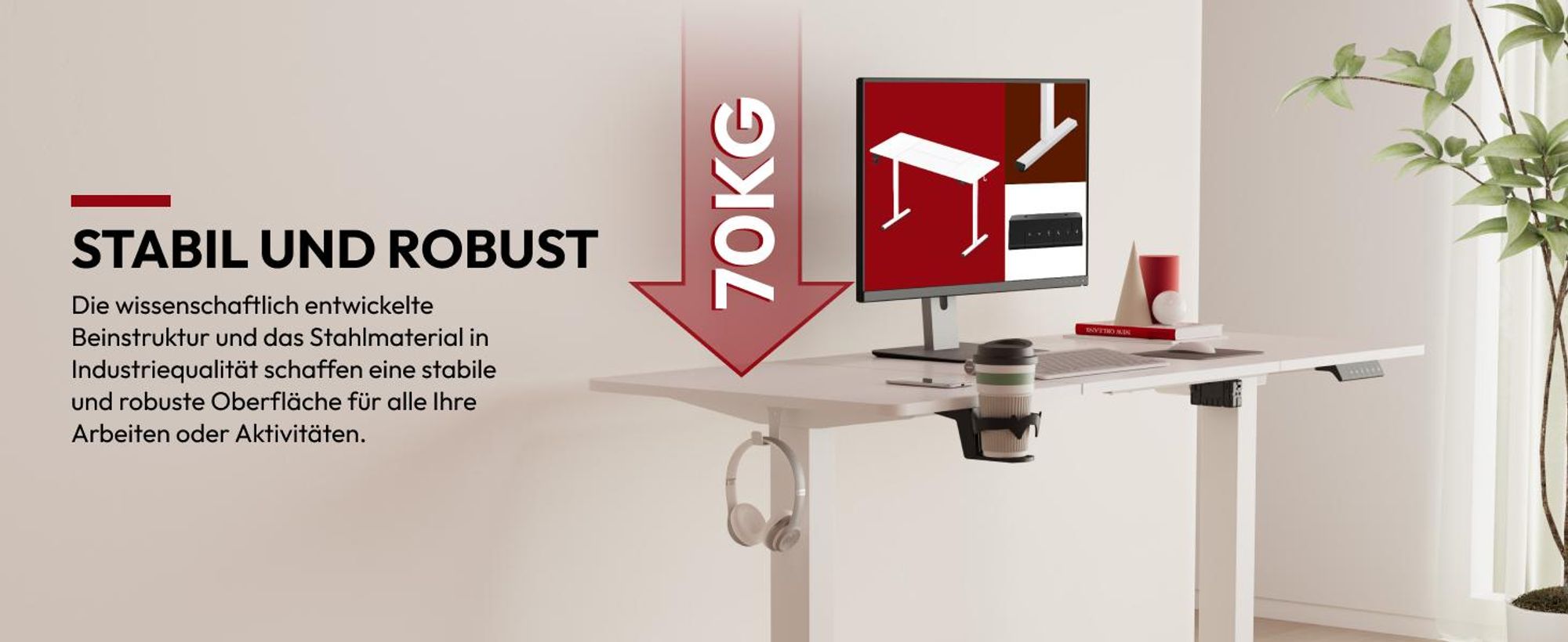 SANODESK Höhenverstellbarer Schreibtisch 200x80cm elektrisch 4 Memory-Funktion, Antikollisionsschutz, 70kg Tragkraft, mit Haken und Ablagebox (Weiß)