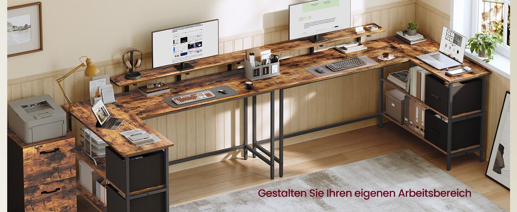 VASAGLE Eckcomputertisch mit Monitorständer, L-förmiger Arbeitstisch, 2 Schubladen, höhenverstellbar, 155 x 105 cm, braun