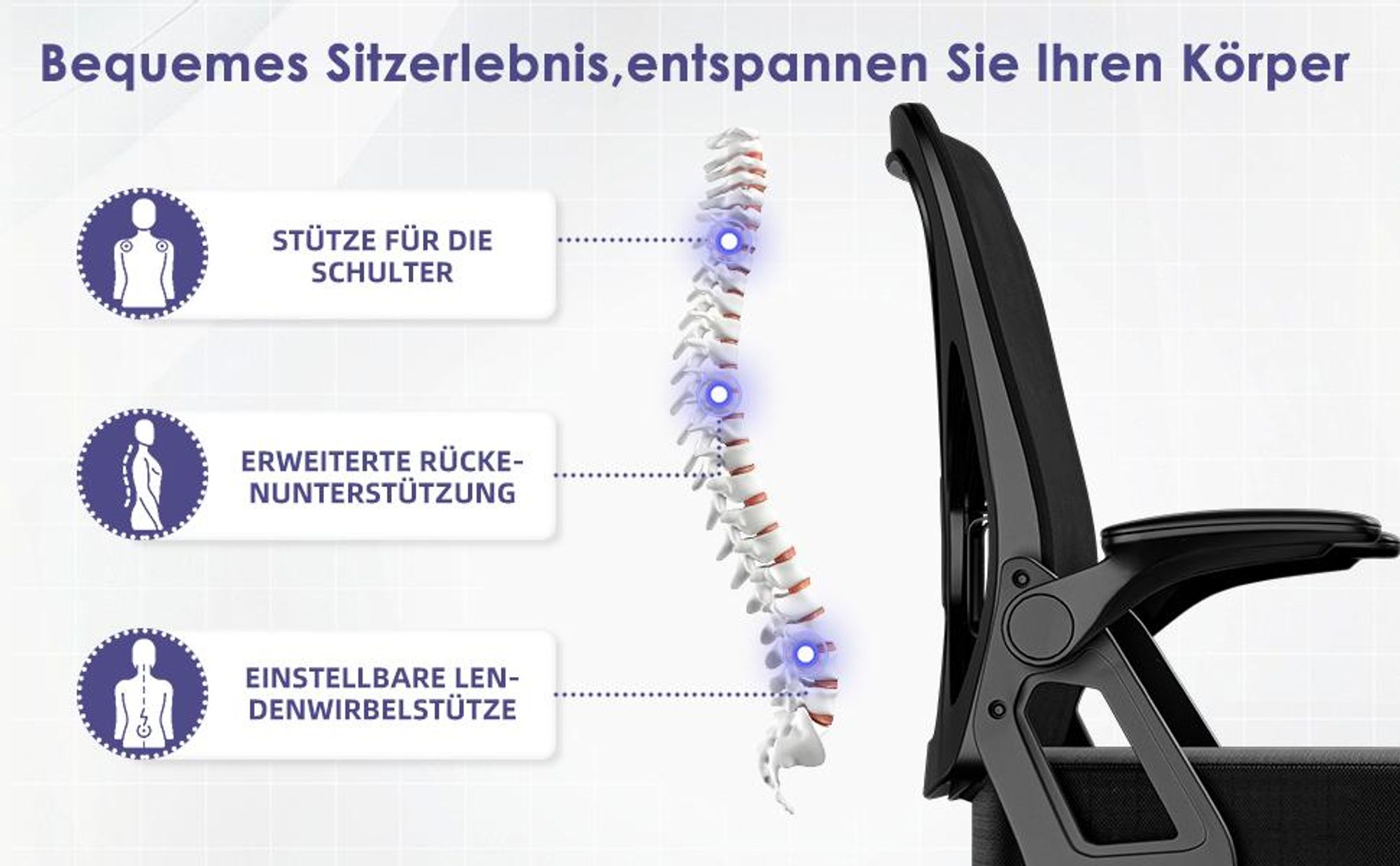 Hiazurm Bürostuhl, Schreibtischstuhl, bürostuhl ergonomisch mit Verstellbaren Armlehnen, höhenverstellbar,S-förmige Lendenstütze,Chefsessel 150kg
