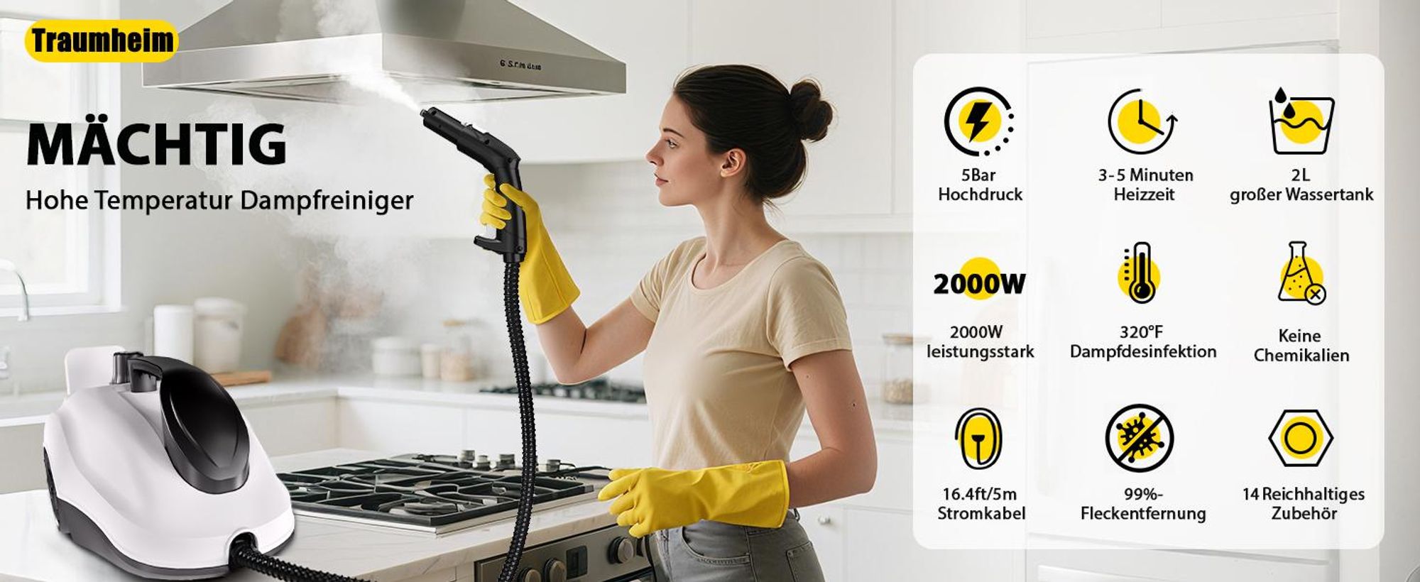 Dampfreiniger 2000W, 5 bar Dampfdruck, 2L Tank, ca. 5-8 Min. Aufheizzeit, bis 160℃, 19 Zubehör, Dampfbesen für Teppiche, Fenster, Glas und Vorhänge