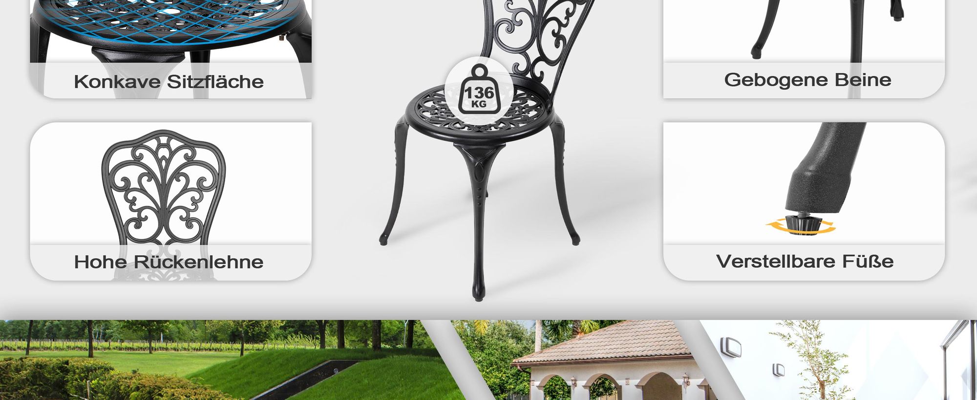 Avestar 3-teiliges Bistro Set aus Aluminiumguss, Gartenmöbel Set, Balkonmöbel, runder Bistrotisch mit 2 Gartenstühlen, Schwarz