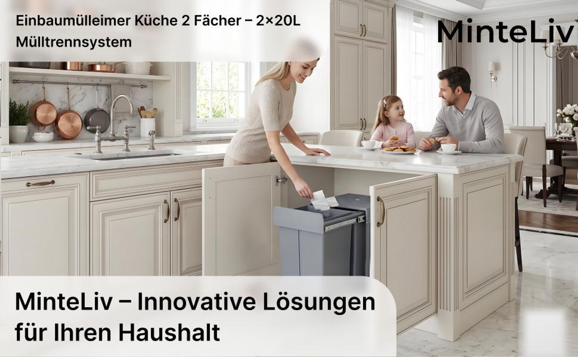 MinteLiv Einbaumülleimer 2x20L Mülltrennsystem Ausziehbar, Stahlrahmen, 48x33,5x42cm