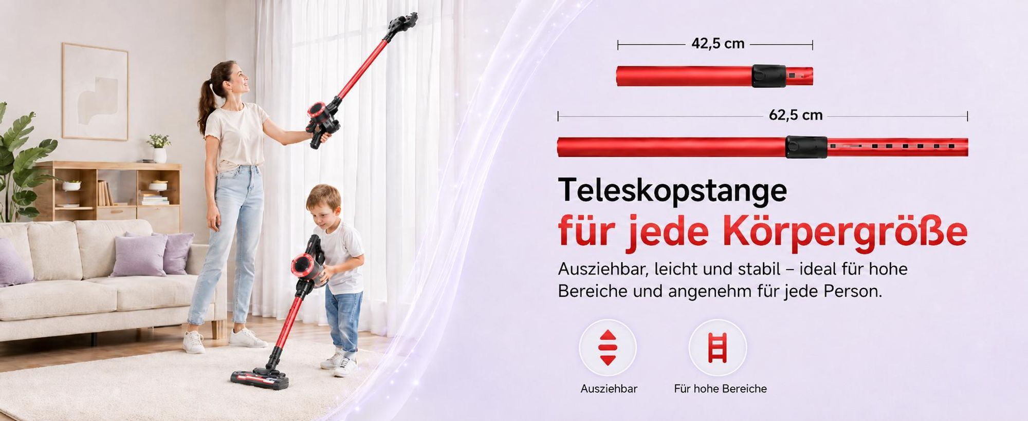 Akku Staubsauger, 500W/32000 Pa Staubsauger kabellos mit HEPA ,45 Min, kabelloser Staubsauger,Anti-Tangle-Staubsauger, Handstaubsauger für Tierhaare