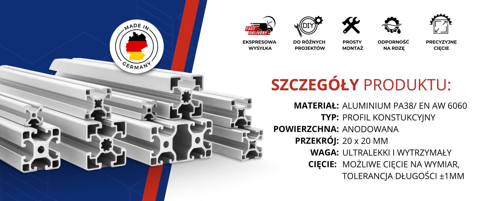 Profil Konstrukcyjny Aluminiowy 20X20 R5 100Cm Anodowany Cięcie Na Wymiar