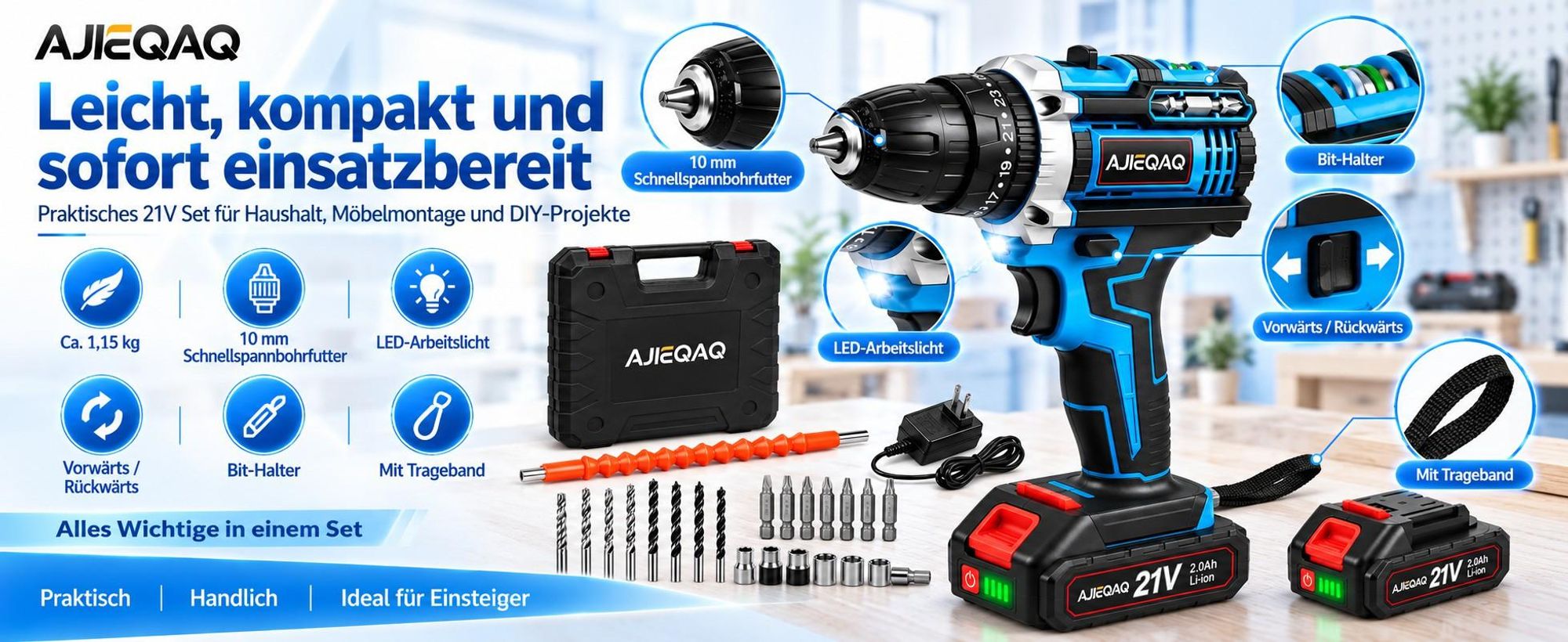 AJIEQAQ Akkuschrauber 21V MAX, 45Nm, 18+1, 2-Gang, 2×2,0Ah Akku, LED, Wasserwaage & Werkzeugkoffer