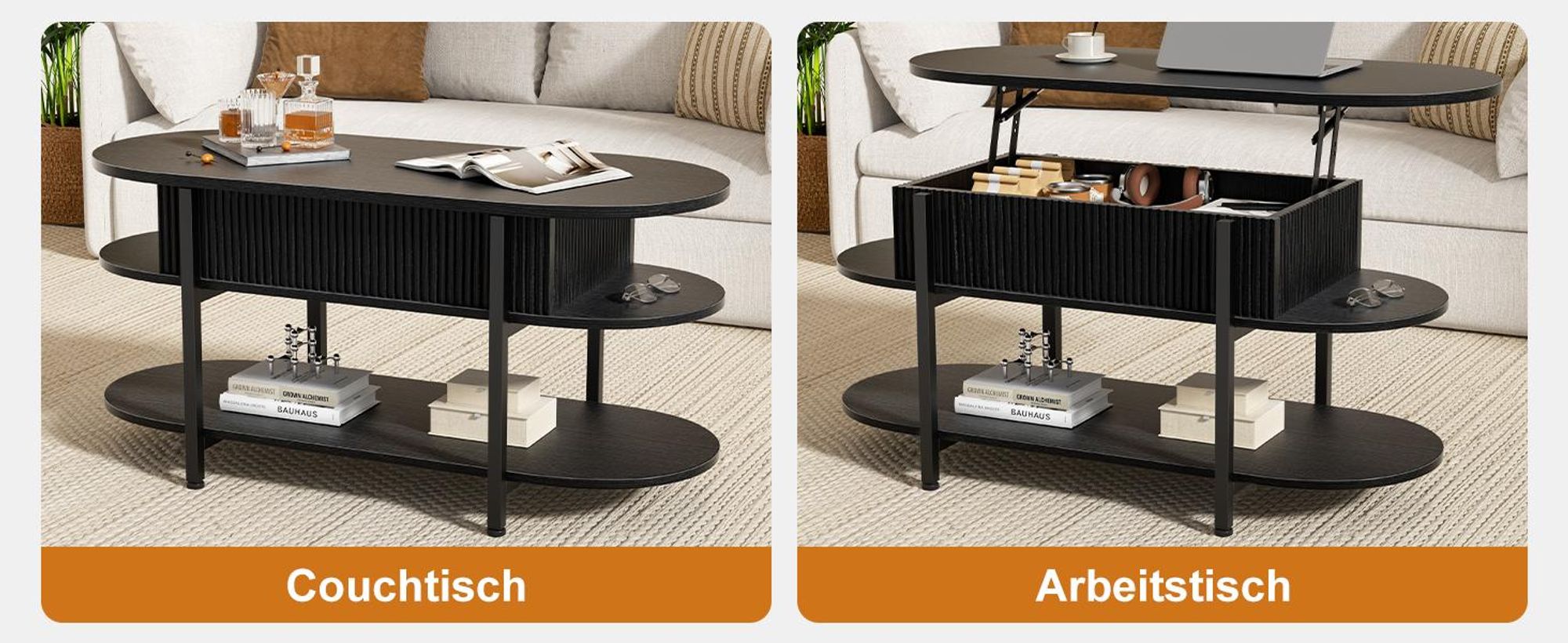 FABATO Couchtisch oval, höhenverstellbar mit verstecktem Stauraum, 3-Etagen-Design in Schwarz