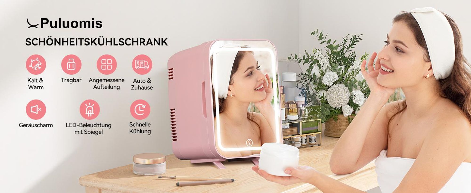 Puluomis Mini Kühlschrank 4L mit LED Spiegel tragbar für Kosmetik, Kühlbox Warmbox rosa pink