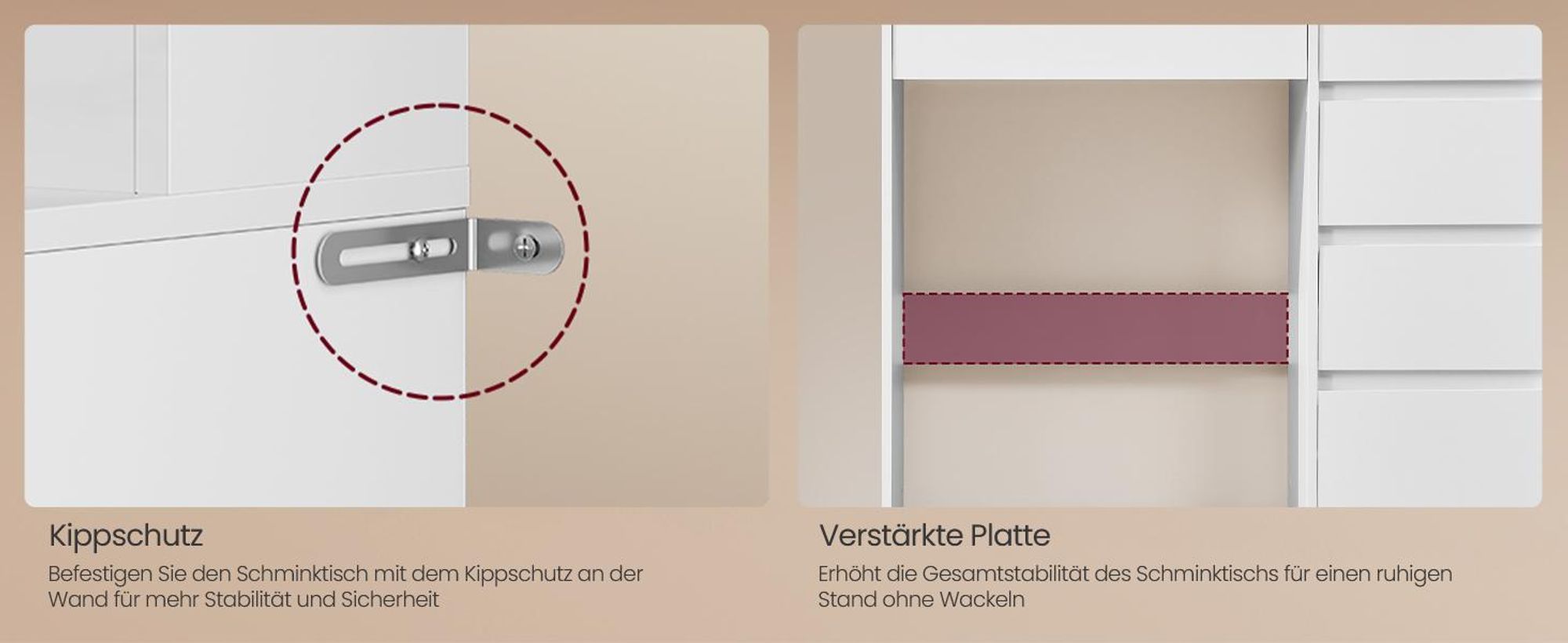 VASAGLE Schminkkommode, mit Spiegel und Beleuchtung, Ladestation, 5 Schubladen, werkzeuglose Gleitschienen, weiß