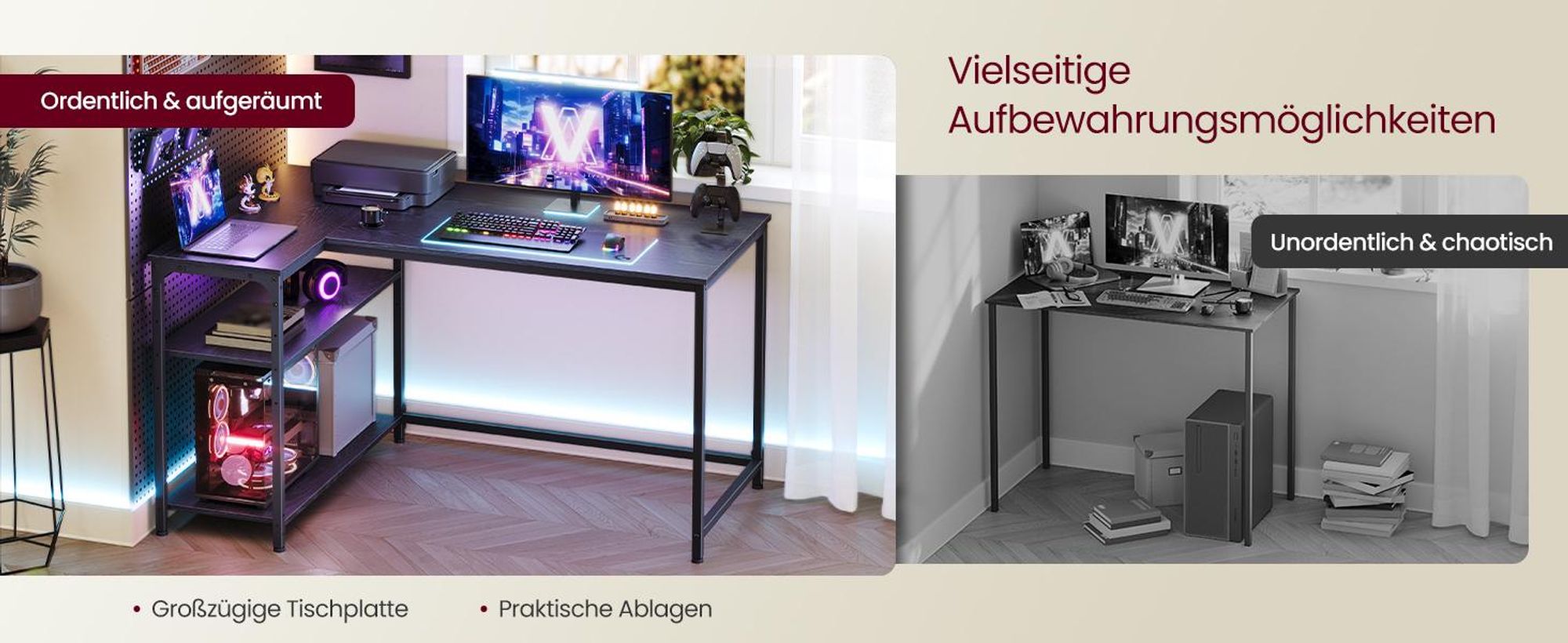 VASAGLE Schreibtisch mit Stauraum, L-Form Computertisch, höhenverstellbare Ablage, Büro, 120 x 80 cm, schwarz