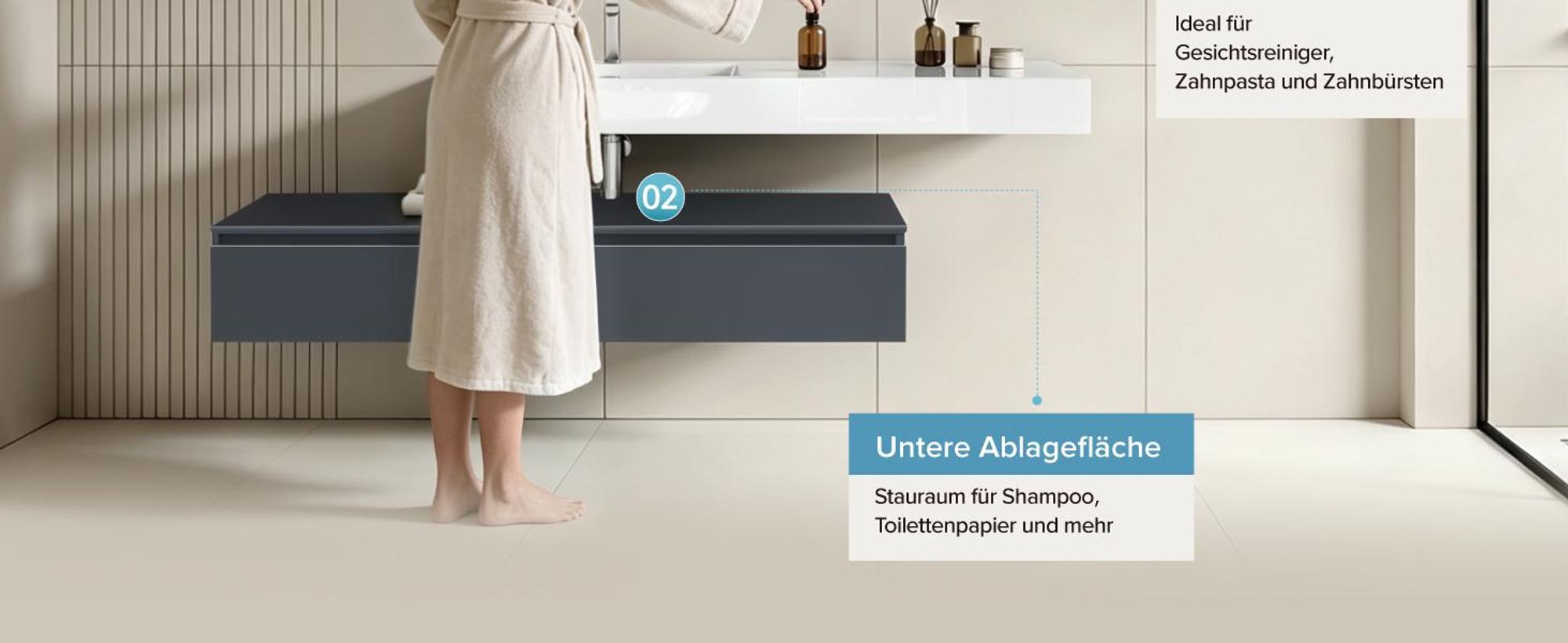 doporro Waschbecken-Unterschrank Badmöbel-Set in matt Anthrazit Design Waschplatz 150x48x25cm Badzimmerschrank inkl. Weiß mattMinralguss-Waschbecken UP