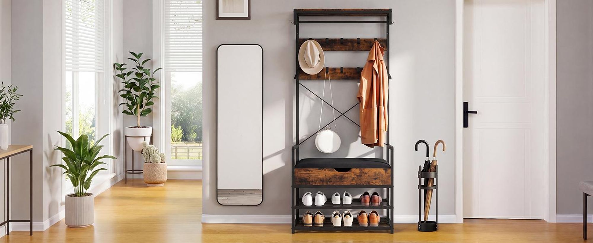 Garderobenständer mit Sitzbank und Schuhregal, 10 Haken, Kleiderständer, 2 Ablagen, Flurgarderobe, 80x30x180cm, Braun