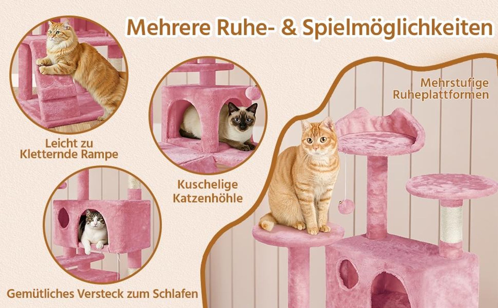 Yaheetech Kratzbaum 158 cm hoch, stabiler Katzenkratzbaum, Katzenbaum Katzenmöbel, Kletterbaum für Katzen, Rosa