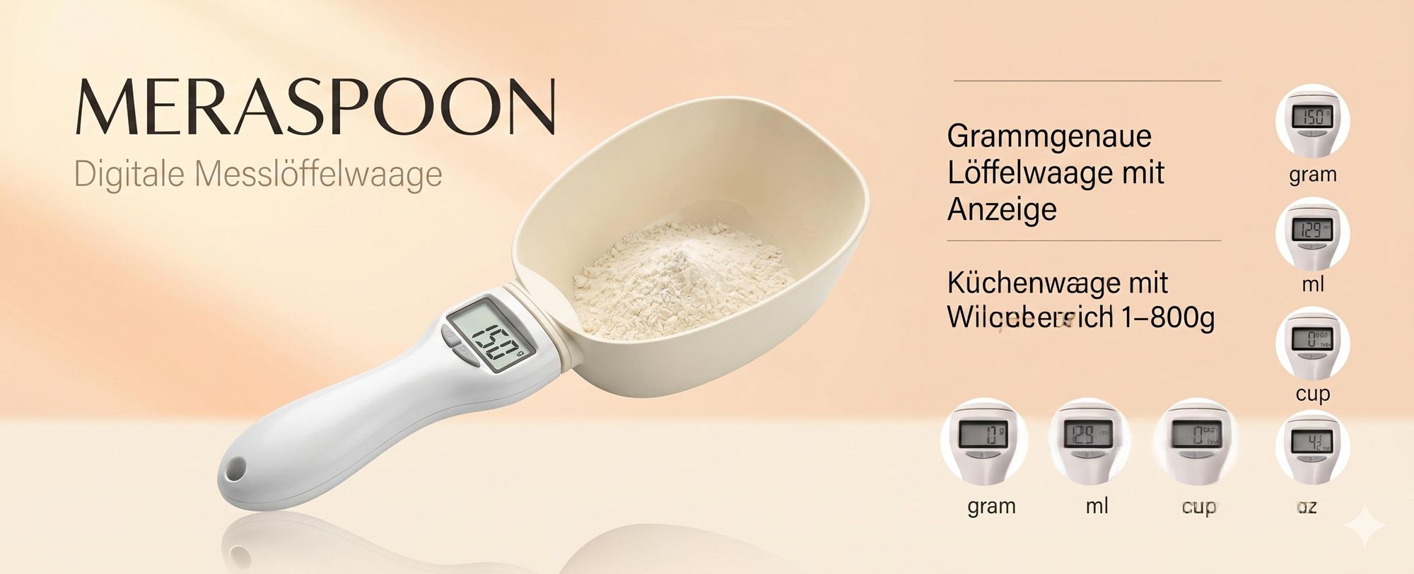 Digitale Messlöffelwaage, Grammgenaue Löffelwaage mit Anzeige, Küchenwaage mit Wiegebereich 1–800g - MERASPOON