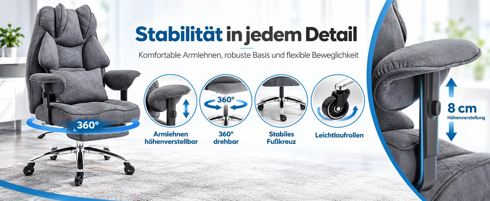 360° drehbar, höhenverstellbare Armlehnen, stabiles Fußkreuz und Leichtlaufrollen, 8 cm Hub