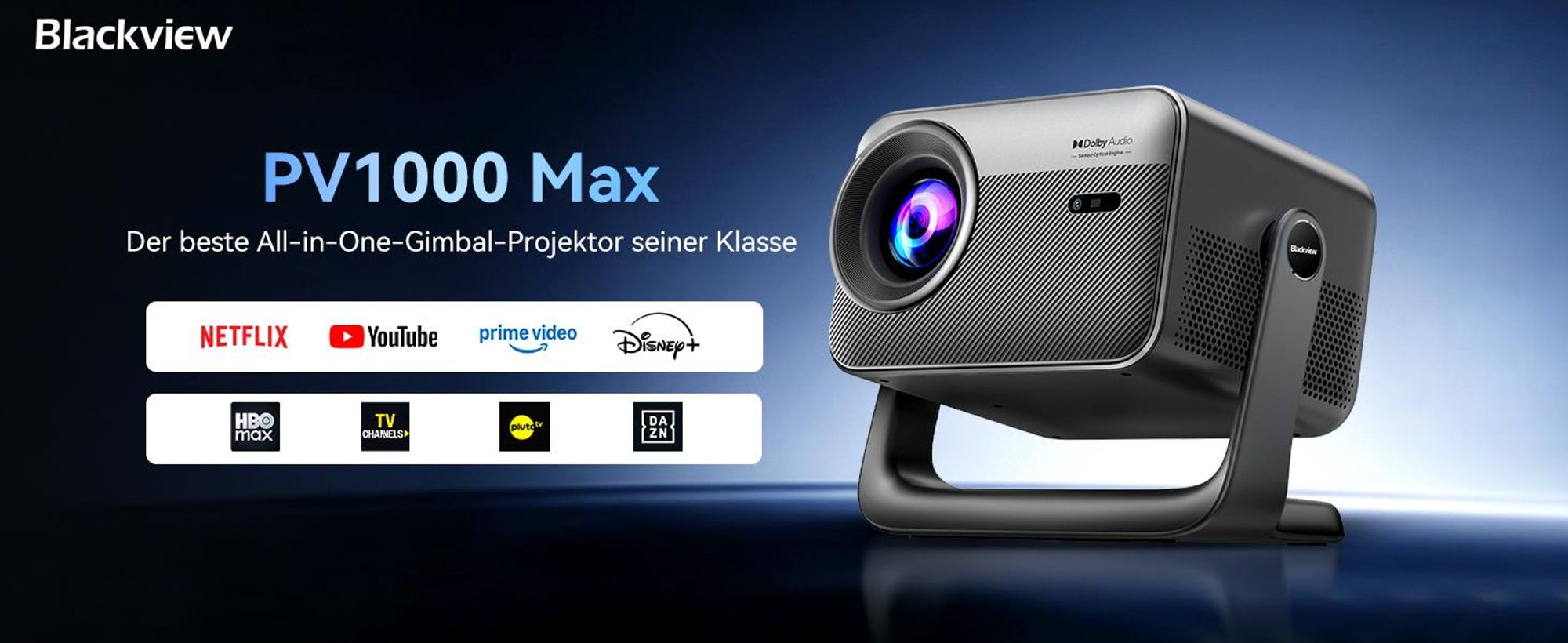 Blackview PV1000 Max, 1000 ANSI-Lumen, 1080p FHD, VIDAA OS, Dolby Audio 12W, 6-in-1 TOF AF, 40-150 Zoll, MT9660, WiFi 5+BT 5.0, AirPlay 2, 360° Gimbal