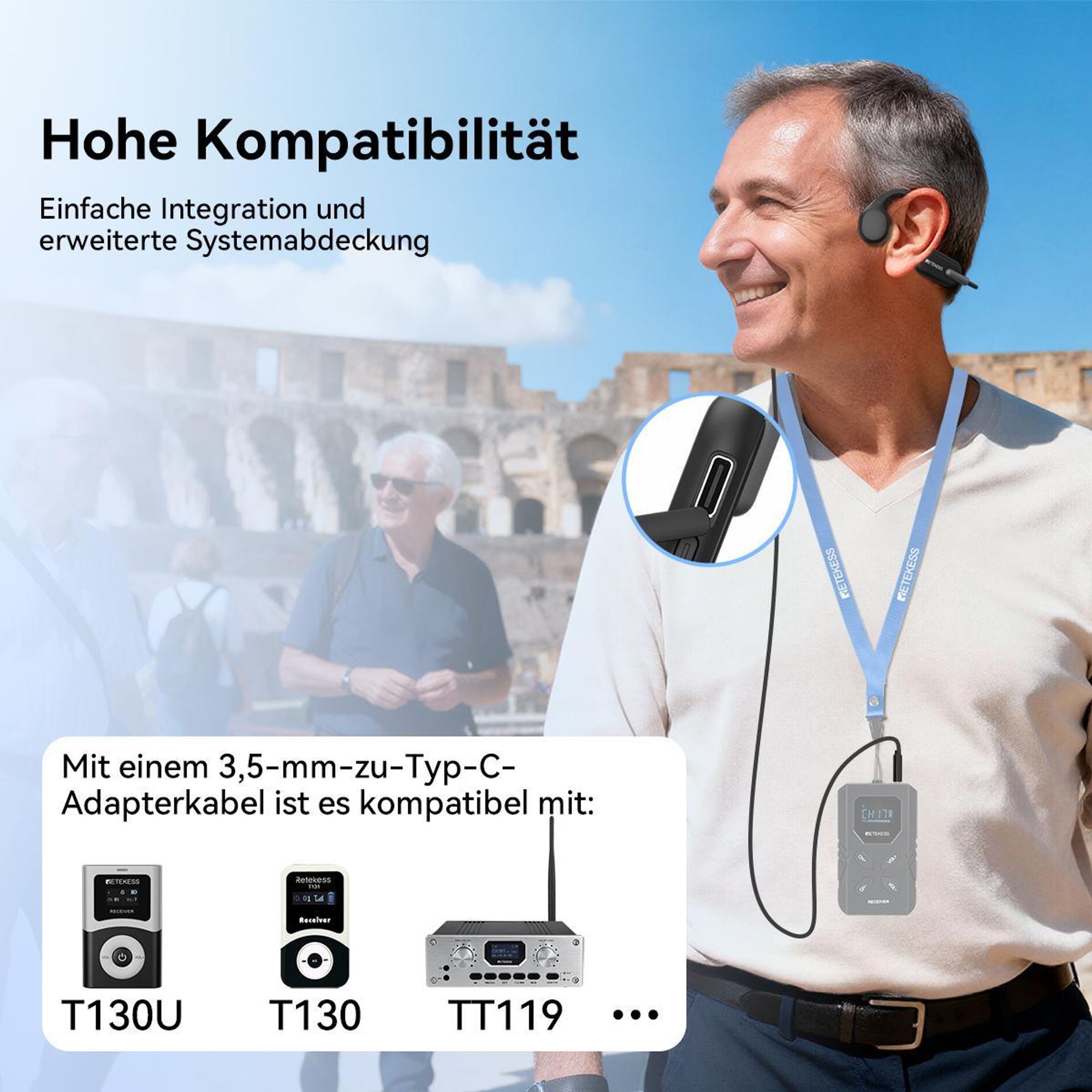 Retekess TT042 Knochenleitungskopfhörer, Hörhilfegerät, zwei Modi, 200 mAh, 6 Lautstärkestufen, Typ-C,Breite Kompatibilität, für Seniorenreisegruppen