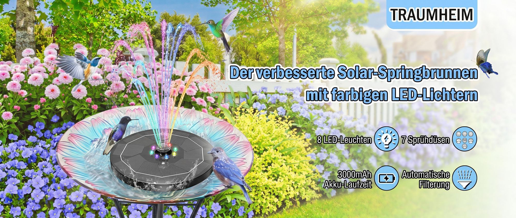LED Solar Springbrunnen, Solar Teichpumpe mit Solar Panel, Solar Teichpumpe Wasserpumpe Solar Schwimmender Fontäne Pumpe für Garten, Vogel-Bad