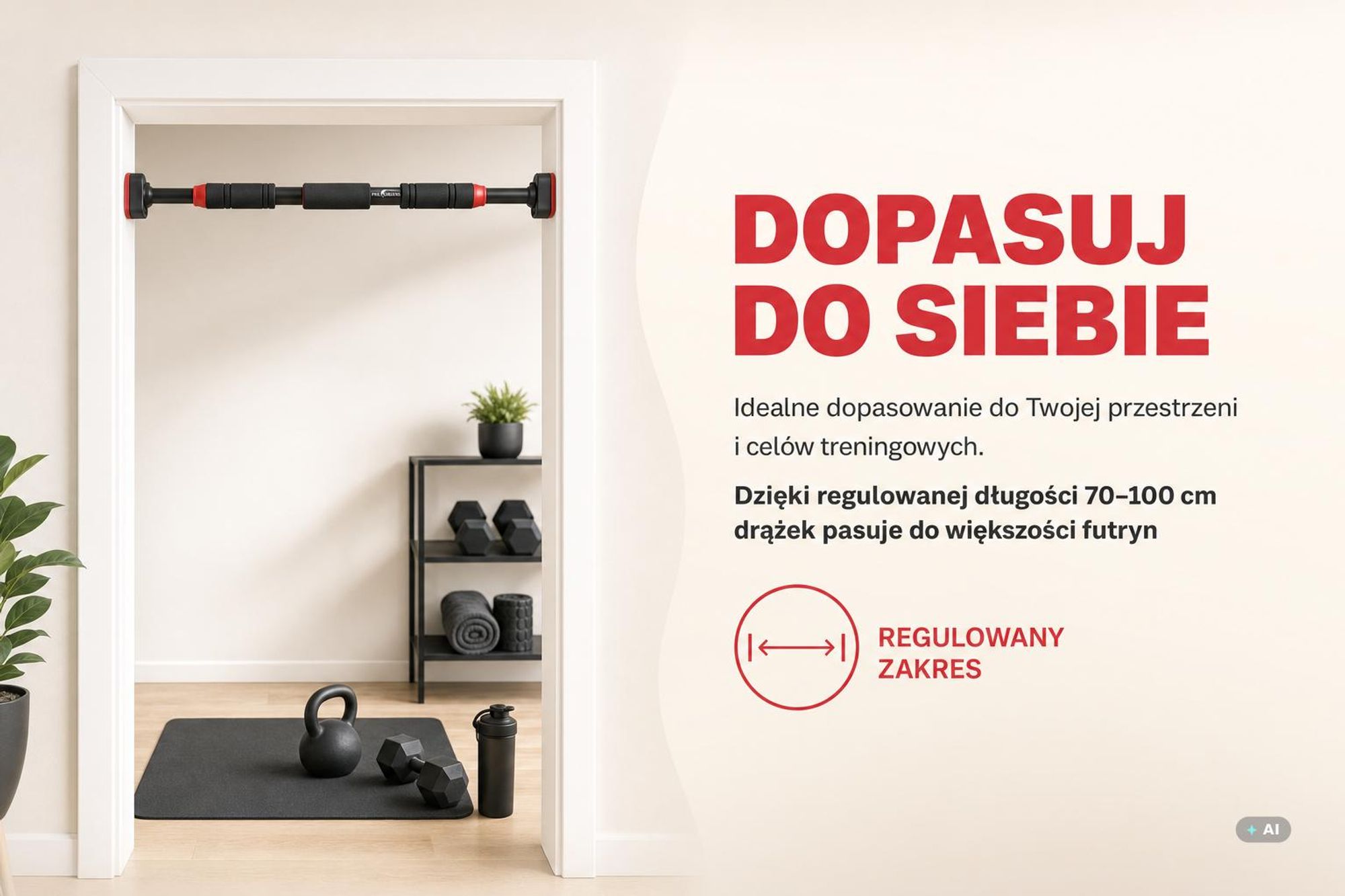 Regulowany drążek do podciągania, 70-100 cm, drążek stalowy, wielofunkcyjny