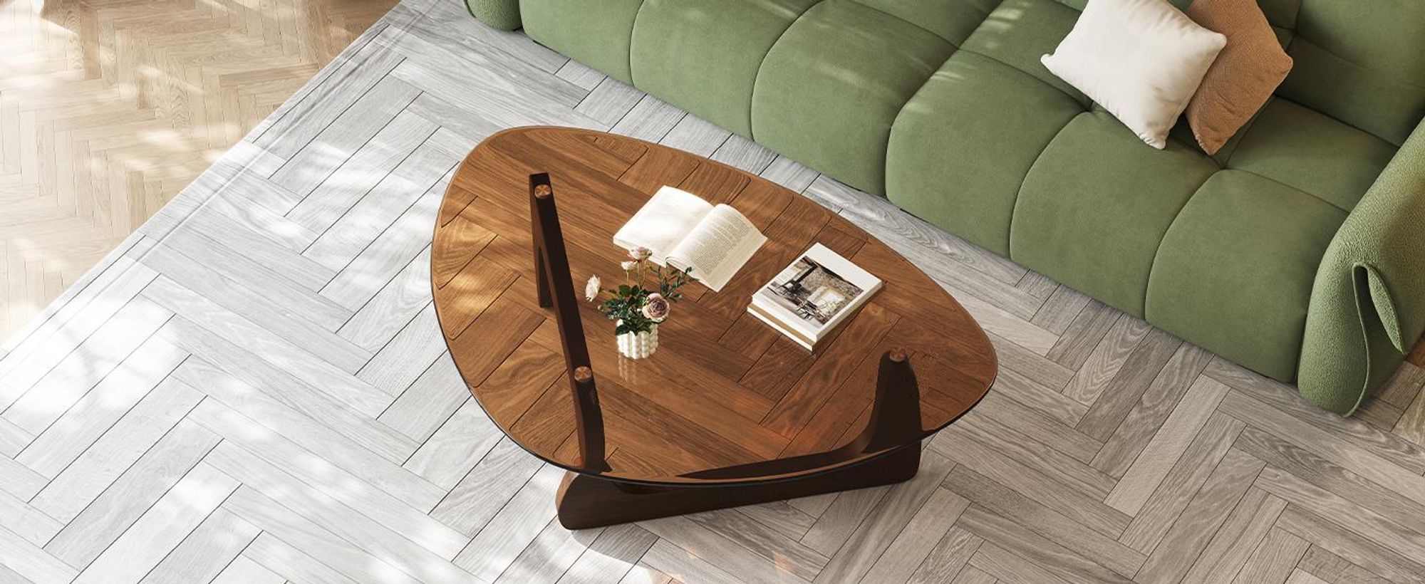 WISFOR Couchtisch, Wohnzimmertisch aus Glas und Holz, 110,5 x 76,5 x 42 cm