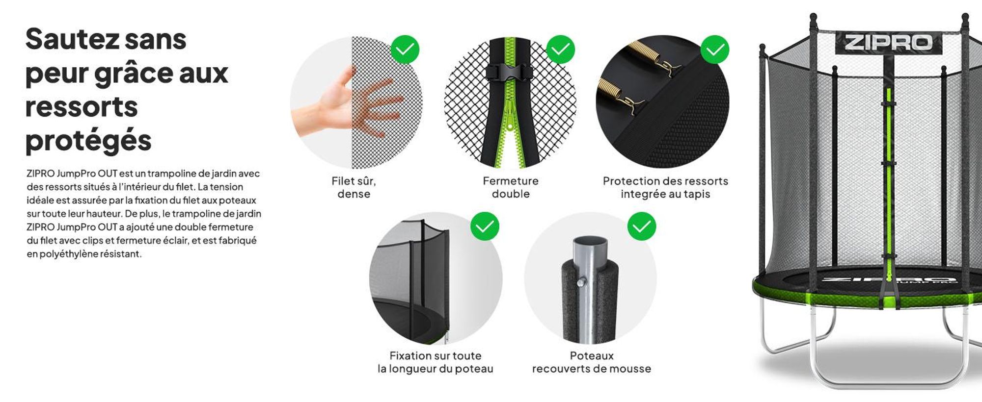 Trampoline ZIPRO Jump Pro Out | 4 pieds (Ø 127 cm) | Trampoline de jardin pour enfants, kit complet comprenant un filet de sécurité, une housse de protection, pour l'extérieur, vert