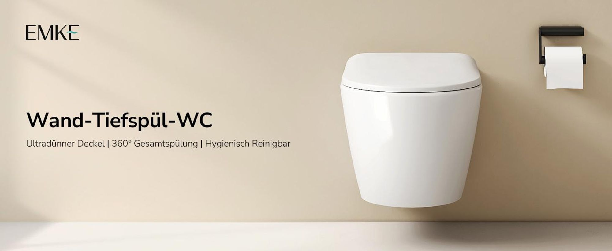 EMKE Hänge-WC spülrandlos Keramik Wassersparend Wandmontage Toilette mit Direktspülung Doppel-Loch-Gegenspülung Soft-Close Deckel Glänzendweiß