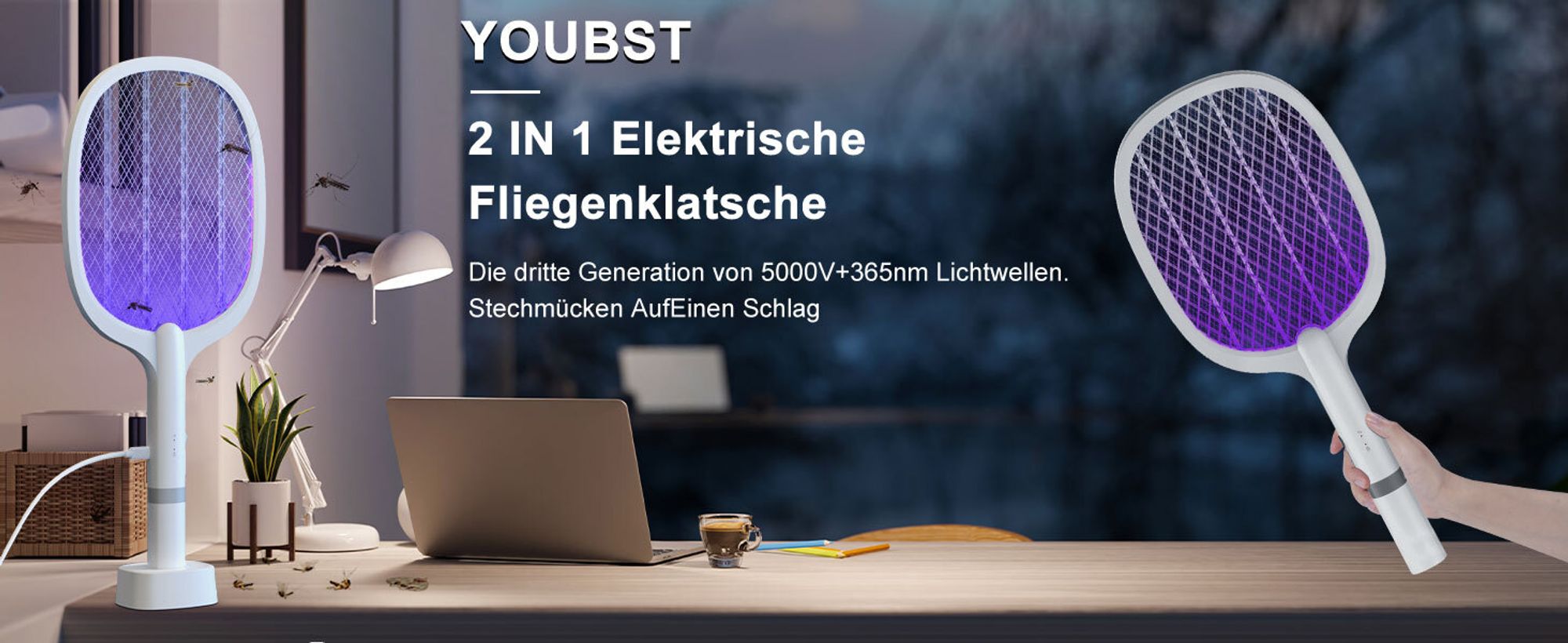 Electric Elektrische Fliegenklatsche 5000V, Extra Stark Fliegenklatsche Elektrisch, 2 in 1 USB Typ-C Elektro Mückenklatsche mit Akku Aufladbar& UV
